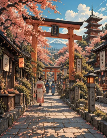 Anime Spring Festival Shrine — Stable Diffusion AI Prompt: z1os, vibrant anime spring festival street in a traditional Japanese shrine tow...