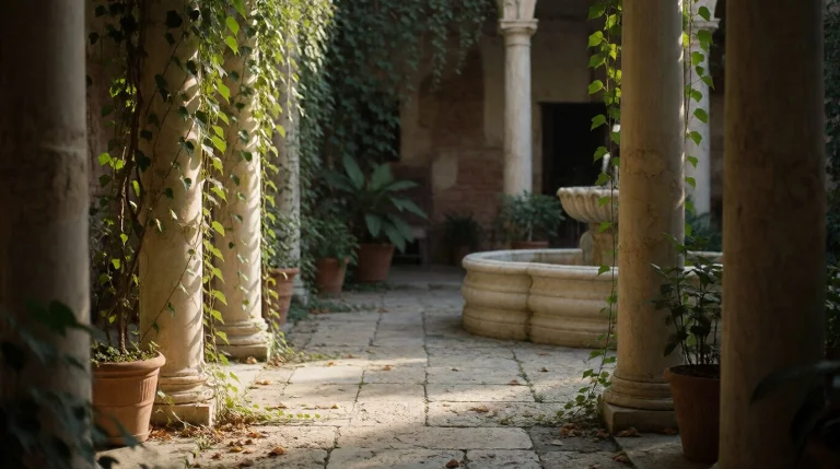 Roman Villa Peristyle Garden Courtyard, Weathered Travertine...