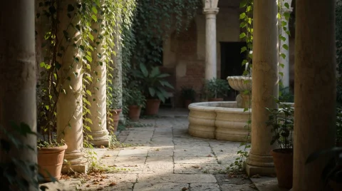 Roman Villa Garden Peristyle — Stable Diffusion AI Prompt: Roman villa peristyle garden courtyard, weathered travertine stone path, fluted...