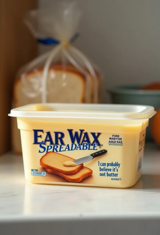 A Rectangular Plastic Margarine Tub Labeled Ear Wax - Spread...