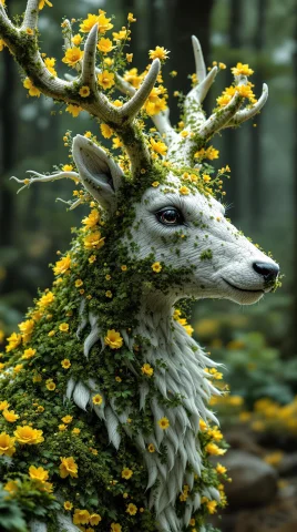 A Hyper-realistic Close Up Shot Of A Figure Completely Made... — FLUX AI Prompt: A hyper-realistic Close up shot of a figure completely made of moss and yellow f...