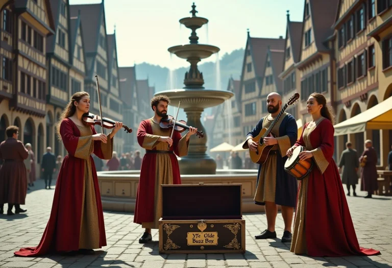 A Small Troupe Of Medieval Minstrels, Playing In The Market...