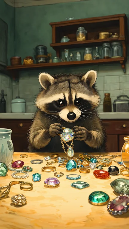 A Tiny Raccoon Caught Red-handed On A Kitchen Table Covered...