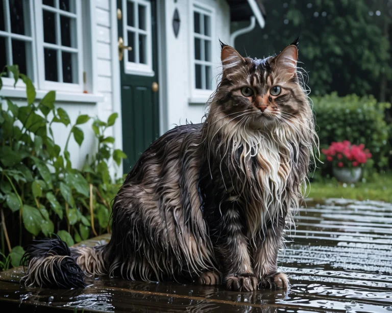 A Long-haired Cat, Full-body Portrait, Cottage Setting, Raw...