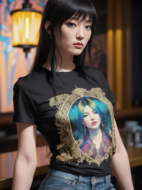 Oil Painting Of A Young Woman Wearing An Intricate Graphic T...