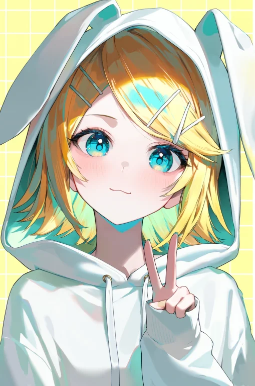 Kagamine Rin, 1girl, Portrait, Grid Background, Pastel Yello...