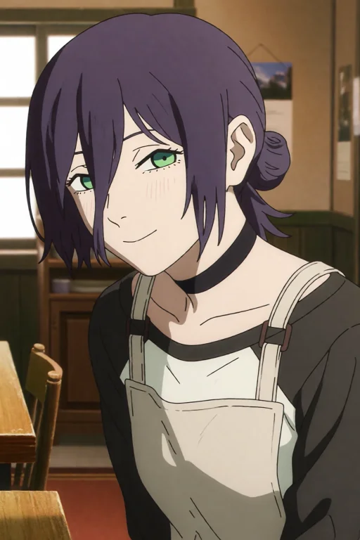 Reze,a Girl With Short Purple Hair Tied In A Small Bun,has S...