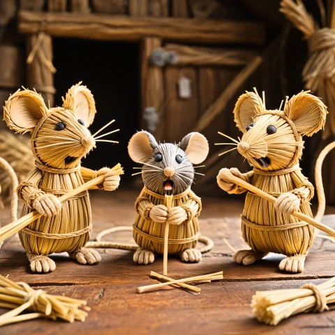 Loradailyhelperstraw0.65 Lorastrawthread1 Made Of Straw, Thr... — SDXL AI Prompt: made of straw, three mice holding straws, the middle one shocked with a tiny s...