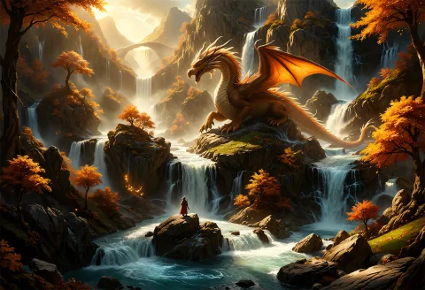 Cinematic Still The Discworld, Midday, Ral-fntsyrlms, Amber... — Stable Diffusion AI Prompt: cinematic still The Discworld, midday, ral-fntsyrlms, (amber dragon:1.1), waterf...
