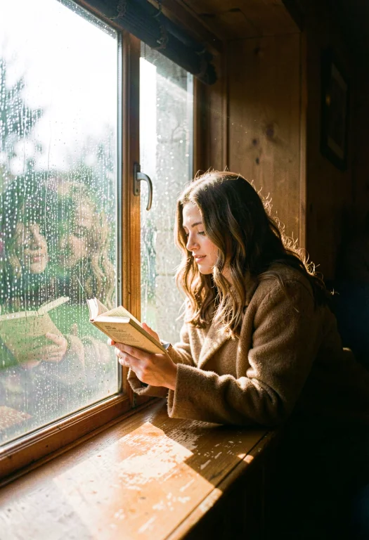 A Woman Reading On A Rainy Window Seat, 35mm Film Still, Dap...