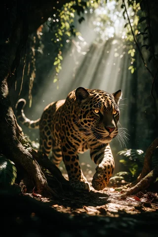 Ta86inkriot, Thin Black Outlines, A Powerful Jaguar Walking... — Stable Diffusion AI Prompt: ta86_inkriot, thin black outlines, A powerful jaguar walking through a shaft of...