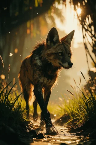 Cinematic Maned Wolf Photo — Stable Diffusion AI Prompt: ta86_inkriot, thin black outlines, A maned wolf walking through tall golden mars...