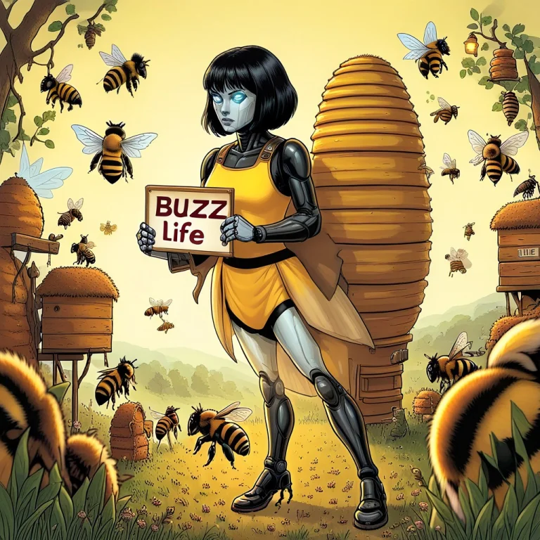 Koko-9, Android Woman, Standing Among Giant Bumblebees By A...