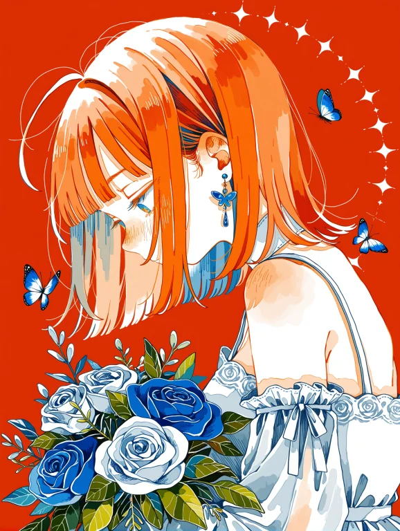 1girl, Orange Hair, Medium Hair, Spiked Hair, Blunt Bangs, A...
