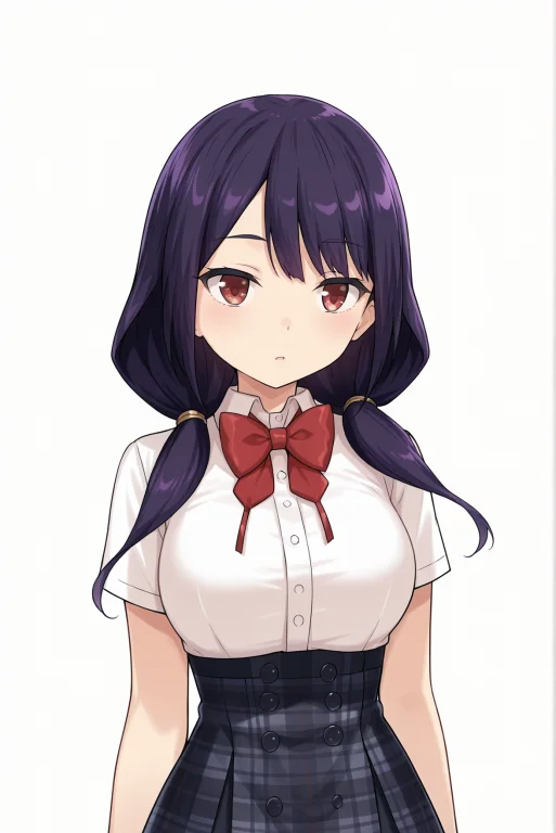 Red Bow, White Collared Shirt, Short Sleeves, Shirt Tucked I...