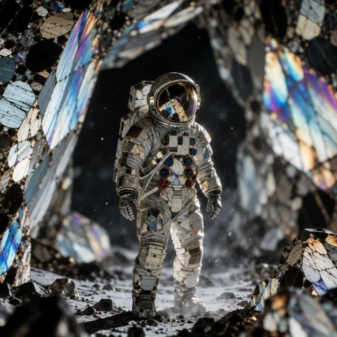 Astronaut in Lunar Cave — Stable Diffusion AI Prompt: Petroprism Astronaut — A lone astronaut in a realistic, high-fidelity space suit...