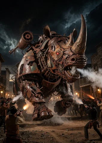 An Enormous Rhinoceros Machine Constructed Entirely From Old... — Stable Diffusion AI Prompt: An enormous rhinoceros machine constructed entirely from old rusty metal, barbed...