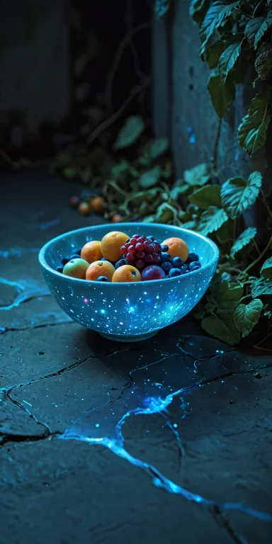 8k Analog Photo,faerie1.2, A Bowl Of Fruit On A Stone Floor,...