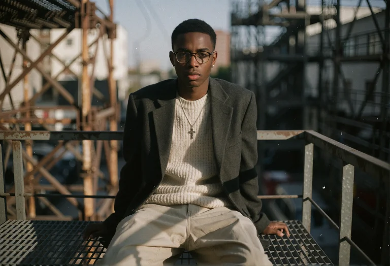 A Young Black Man Sits Perched On A Metal Grate Railing, Wea...