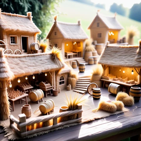 A Complete Miniature Medieval Marketplace Built Entirely Fro... — SDXL AI Prompt: A complete miniature medieval marketplace built entirely from straw thread, disp...