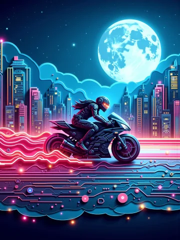 Mad-pprct1 Cityscape, Man On Motorbike Racing Through City M... — Stable Diffusion AI Prompt: mad-pprct1 cityscape, man on motorbike racing through city moon, night sky, glow...