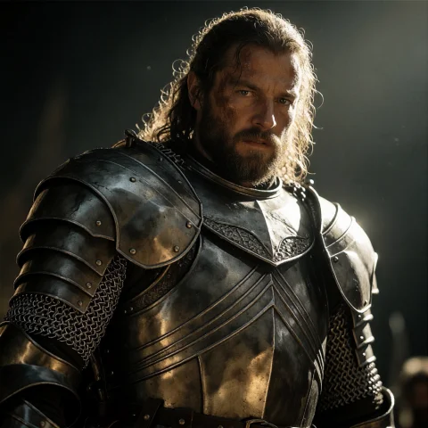 Stable Diffusion LotR Warrior Shot — Stable Diffusion AI Prompt: Lotr_style, A dramatic low-angle medium shot movie screenshot of a battle-weary...