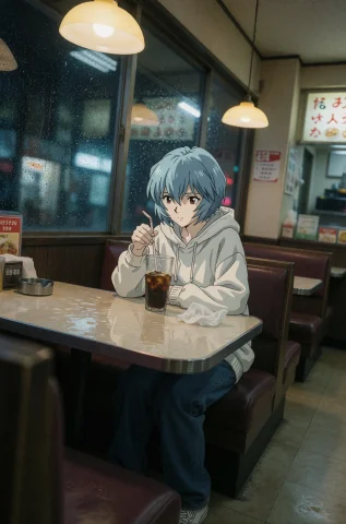 Dutch Angle, Medium Shot, Japanese Teenage Girl, Rei Ayanami... — Stable Diffusion AI Prompt: Dutch angle, medium shot, Japanese teenage girl, Rei Ayanami, short pale blue ha...