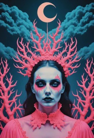 Generate A Surreal, Psychedelic Portrait Featuring A Woman W... — FLUX AI Prompt: Generate a surreal, psychedelic portrait featuring a woman with striking, eerie...