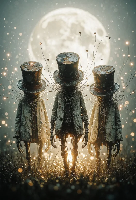 A Surreal, Fantasy Scene Featuring Three Humanoid Figures Wi...
