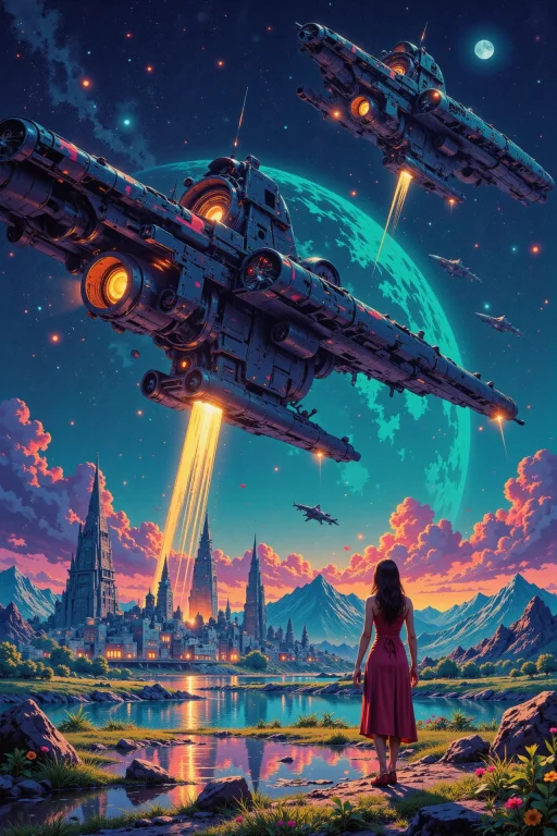 Galactic Spaceport With Spaceships Landing Beautiful Landsca...