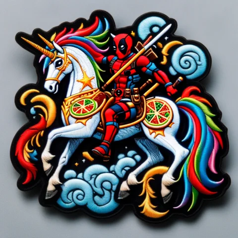 Deadpool Holding Two Katanas Riding A Unicorn Heroically Rea... — SDXL AI Prompt: Deadpool holding two katanas riding a Unicorn heroically rearing up, pizza slice...