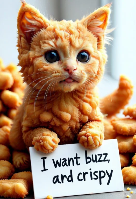 Kitten With A Sign With Text I Want Buzz, Dfc, Deep Fried  C...