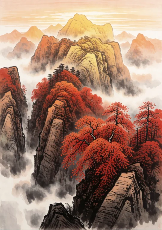 Redshanhe, A Vertical Scroll-style Landscape Depicts Layered...