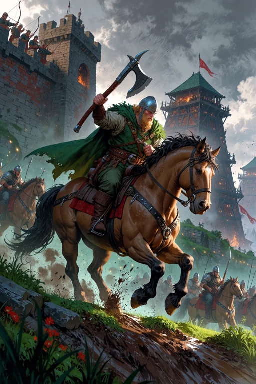 , Viking Riding A Warhorse Up A Muddy Hill Toward A Fort Mud...