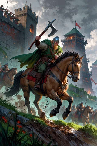 Viking Epic Charge Diffusion Prompt — Stable Diffusion AI Prompt: , Viking riding a warhorse up a muddy hill toward a fort mud churning under hoov...