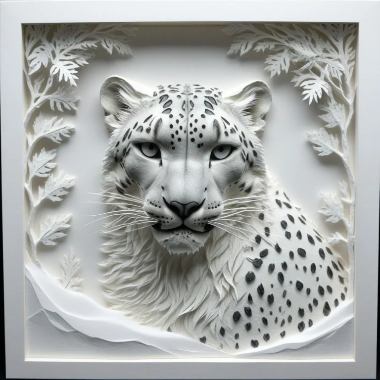Cast Paper Art Snow Leopard