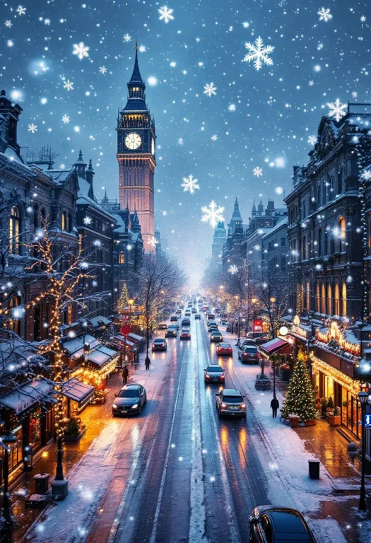 Close-up Of Snowy Megapolis, Big Snowflakes, Decorated Stree...