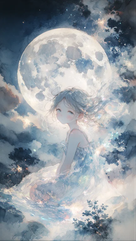 A Girl In Sundress Looking At Viewer With Full Moon Under A...