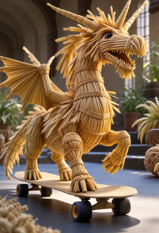 A 3d Pixar Like Crazy Fantastical Creature Made Of Straw, Cr...