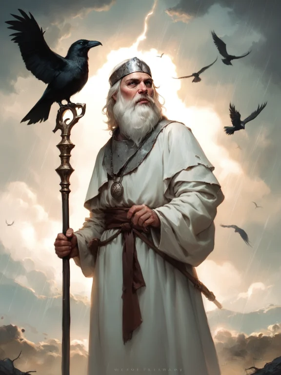 Cowboy Shot Of Old Slavic Wizard, White Hair, Beard, White T...