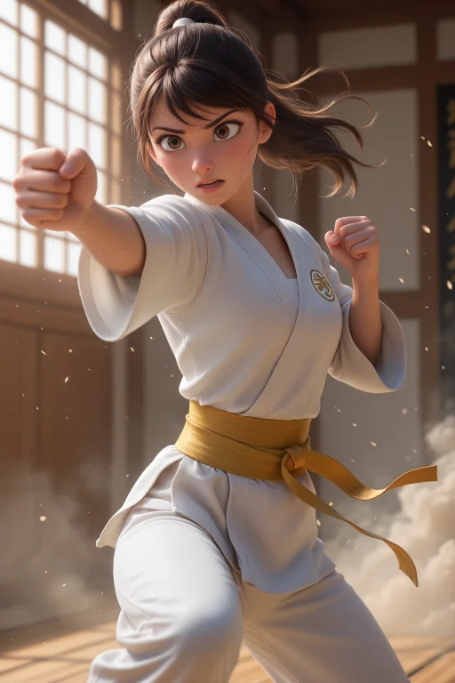Female Martial Artist, Solo, Mid-spinning Kick, Flowing Ribb...