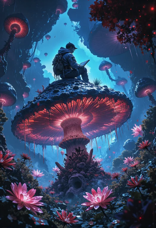 Space Explorer, Sitting Atop A Giant Alien Mushroom, Sketchi...