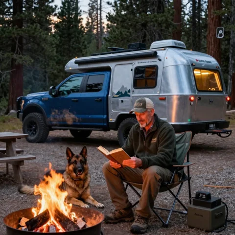Photorealistic Campsite Prompt — Stable Diffusion AI Prompt: Photorealistic dusk campsite in Colorado high pine forest, Eleven Mile Canyon, c...