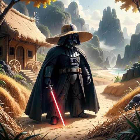 Masterpiece, Vader Wearing A Straw Hat, Lightsaber Made Of S... — SDXL AI Prompt: masterpiece, vader wearing a straw hat, lightsaber made of straw, scenery,