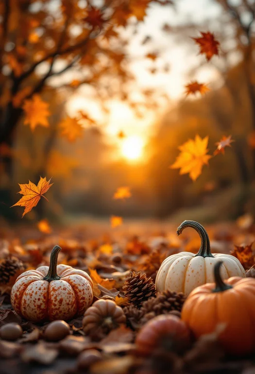 An Artistic Composition Of Falling Autumn Leaves, Pumpkins,...