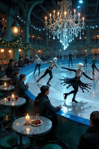 , Boneswm, An Ice Skating Rink Where The Ice Is Polished Tra... — Stable Diffusion AI Prompt: , boneswm, an ice skating rink where the ice is polished translucent bone and th...