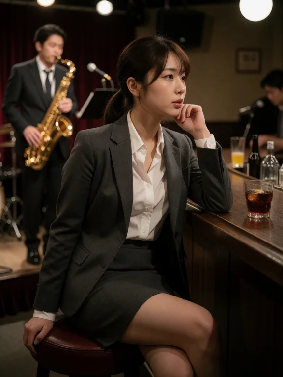 Cinematic, Ultra-realistic Photo, After-work Jazz Bar Outfit...