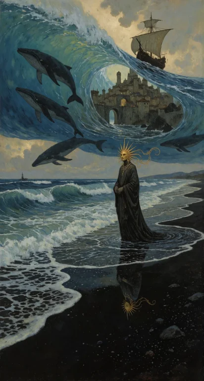 A Vast Black Shoreline Stretches Beneath An Impossible Sky F...