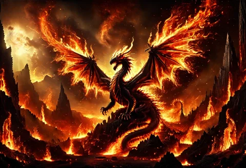 Epic Dragon Fire Fantasy — SDXL AI Prompt: Masterpiece , An epic cinematic wide shot of a world forged in eternal fire. A c...
