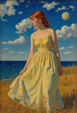 Beautiful Redhead And Jupiter Sky By Van Gogh, Autumn On Gan... — FLUX AI Prompt: beautiful redhead and (Jupiter Sky by Van Gogh), Autumn on Ganymede, Jupiter in...